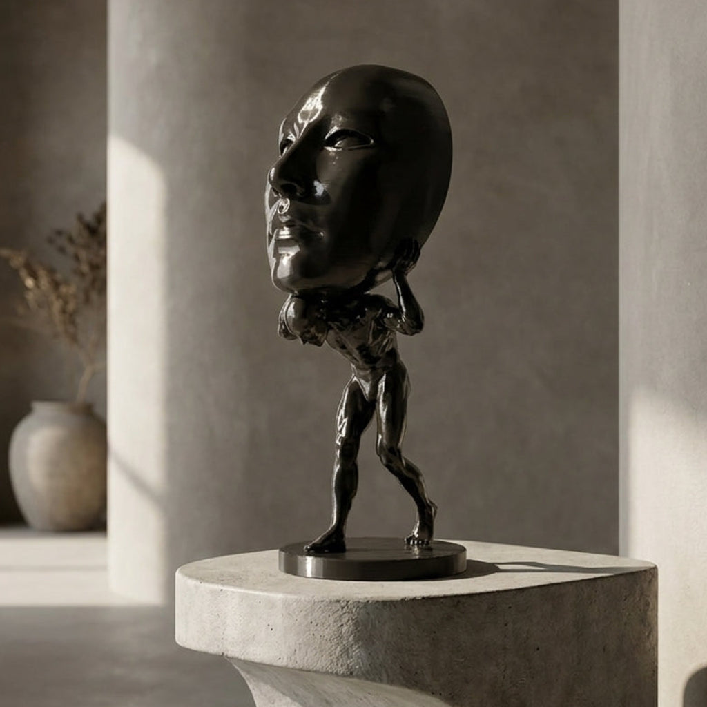 A dark sculpture of a human head resting on a small standing figure, displayed on a round pedestal in a minimalist concrete interior with soft sunlight and shadows.