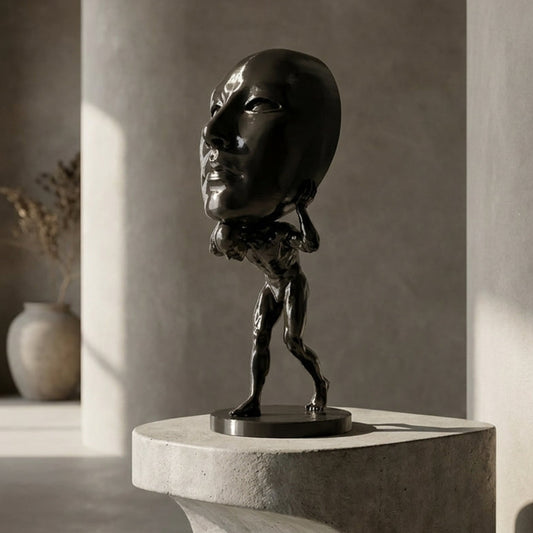 A dark sculpture of a human head resting on a small standing figure, displayed on a round pedestal in a minimalist concrete interior with soft sunlight and shadows.